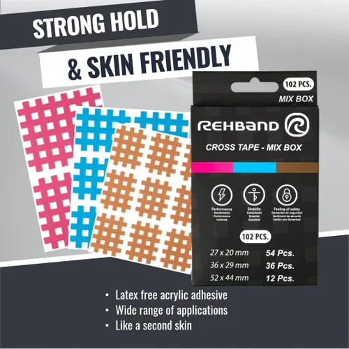 Vista 4 de Rehband Crosstape 102 unidades, cinta de celosía cruzada en diferentes colores y tamaños, parches de acupuntura para deportes y vida cotidiana