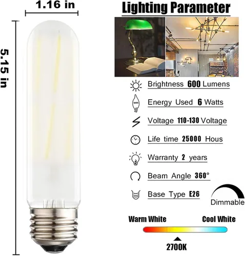 Vista 3 de XININSUN Bombillas LED esmeriladas T10, color blanco cálido 2700 K, bombillas LED Edison tubulares regulables de 6 W, equivalente a 60 vatios, 600