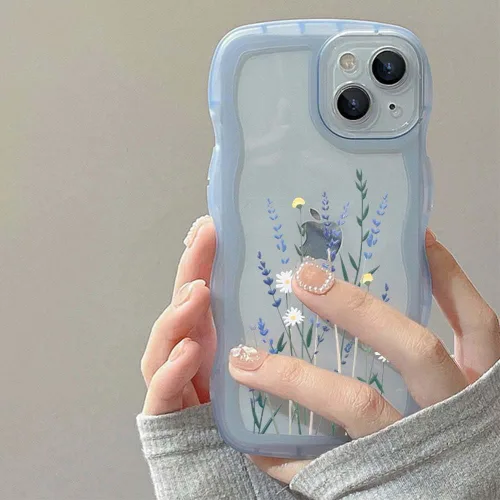 Vista 5 de Funda compatible con iPhone 14 Pro, bonita funda ondulada con diseño de flores transparentes mate, funda protectora estética floral de TPU suave