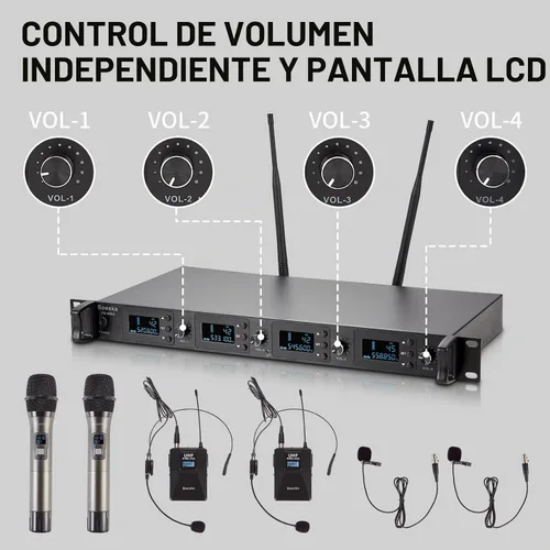 Vista 3 de Sistema de micrófono inalámbrico de 4 canales UHF, 2 micrófonos de mano inalámbricos y 2 micrófonos de diadema Lavalier para karaoke, iglesia