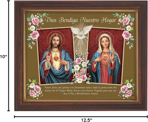 Vista 2 de Gerffert Arte de pared cristiano en marco de madera en tonos caoba, 12.5 x 10 pulgadas, Dios bendiga nuestro hogar - español