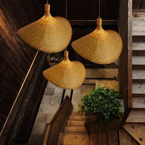 Vista 4 de Lámpara colgante de bambú, lámpara de nido de pájaro artístico, sombrero, luz colgante de techo con cable ajustable para sala de estar, comedor, bar