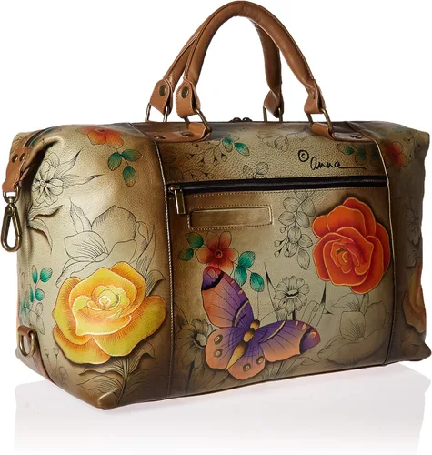Vista 2 de Anna by Anuschka Bolso grande de viaje de cuero genuino pintado a mano para mujer, asa de doble cuerda, correa ajustable