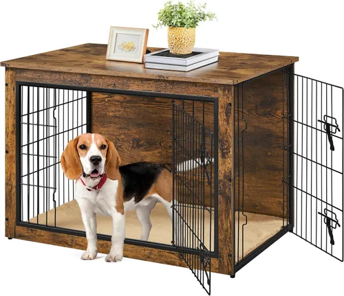Vista 15 de Yaheetech 32" Mesa auxiliar de jaula para perros con cojín, jaula de madera para perros con puertas dobles/pies ajustables, mesa auxiliar lateral