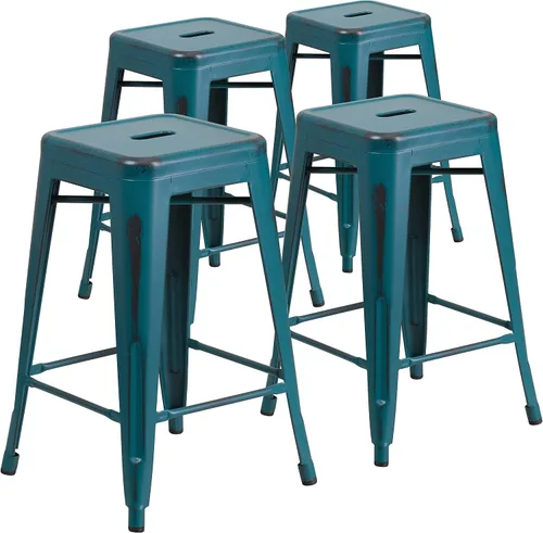 Vista 30 de Taburete de 24 pulgadas de alto para interior y exterior con asiento cuadrado., Metal, Negro