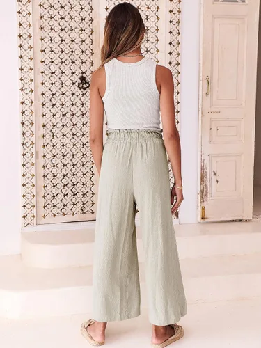 Vista 4 de ANRABESS Pantalones de lino para mujer, estilo casual, holgados, cintura alta, cordón de pierna ancha, pantalones capri palazzo con bolsillos