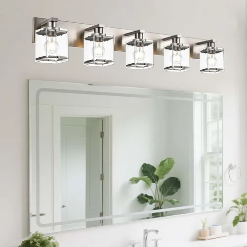 Vista 23 de Iluminación de aplique de pared de 2 luces con base de bombilla E26, lámpara de tocador de baño moderna de níquel cepillado para sobre espejo