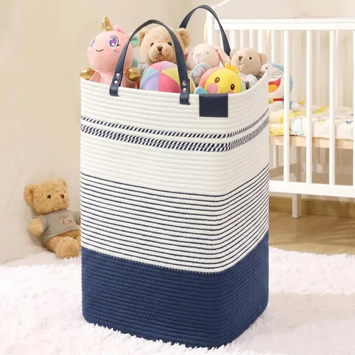 Vista 12 de Cesta grande de 79 L para ropa sucia, cesta tejida de algodón con asas, cesta de almacenamiento para ropa sucia en el baño, cesta decorativa