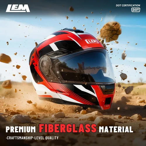 Vista 4 de LEM Cascos modulares de motocicleta de fibra de vidrio, casco de motocicleta de cara completa abatible para excursiones, certificado por DOT, visera