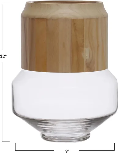 Vista 2 de Bloomingville Huracán/jarrón redondo de cristal con collar de madera de acacia extraíble, natural