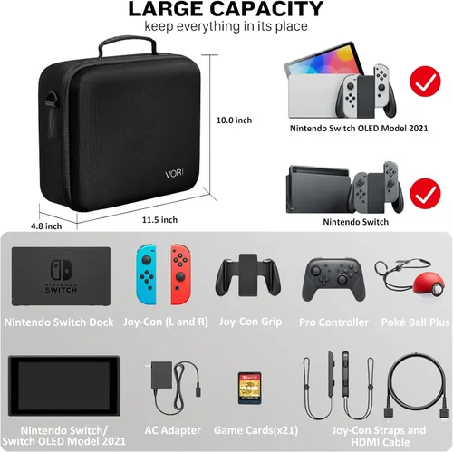 Vista 2 de VORI Funda de transporte para Nintendo SwitchSwitch modelo OLED 2021 funda protectora de almacenamiento de viaje duro con asa y correa de hombro