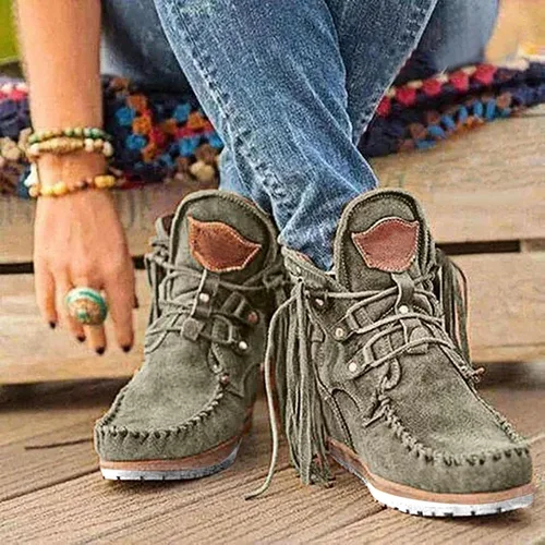 Vista 2 de Botas de tobillo para mujer, de gamuza, planas, cortas, estilo retro, con flecos, botas vaqueras, punta redonda, zapatos de otoño con flecos romanos