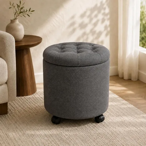Vista 20 de Adeco Otomana redonda de almacenamiento, taburete tapizado para maquillaje, taburete de terciopelo para dormitorio, dormitorio beige