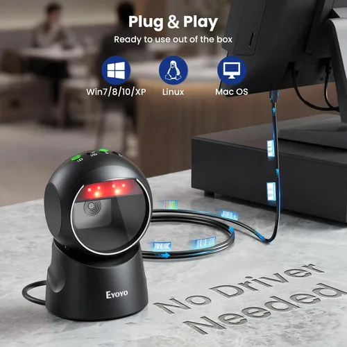 Vista 2 de Eyoyo Escáner de código de barras USB 2D, escáner de código QR omnidireccional automático de escritorio manos libres, lector de código de barras