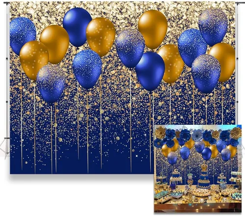 Vista 11 de Fondo de globo azul y plateado de 7 x 5 pies, fondo plateado con purpurina, boda, graduación, fiesta de cumpleaños, pancarta, decoración de mesa