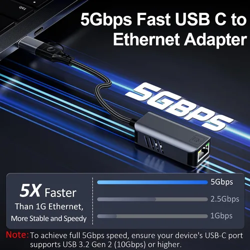 Vista 3 de Adaptador USB C a Ethernet de 5 Gbps, USB-A y USB-C a RJ45 LAN 5000 Mbps convertidor de red con cable, adaptador USB a Ethernet compatible