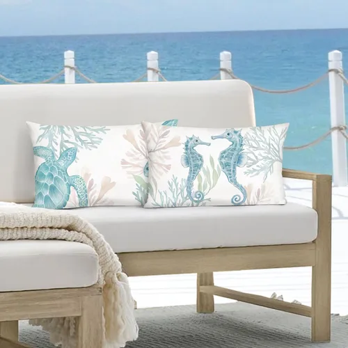 Vista 7 de Bonhause - Juego de 4 fundas de almohada decorativas de playa oceánica, almohadas costeras al aire libre de caballito de mar, tortuga, estrella