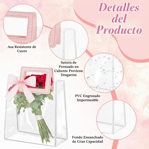 Vista 3 de 24 bolsas de regalo transparentes con asas, bolsa de regalo de PVC transparente con cinta, bolsas de compras de plástico reutilizables, bolsas de 24