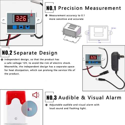 Vista 4 de Monitor de temperatura alta/baja de 12 V, sensor de temperatura con sonda impermeable de 5M, alarma de congelador audible/visual ajustable de 0 ~
