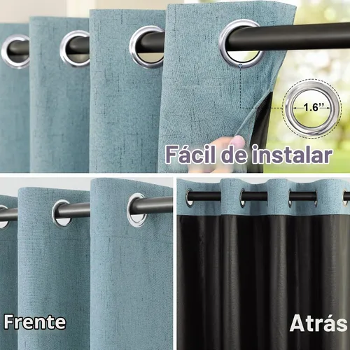 Vista 6 de Cortinas negras de color azul claro de 63 pulgadas de largo para dormitorio, sala de estar, oscurecimiento, 2 paneles con ojales, agujeros costeros