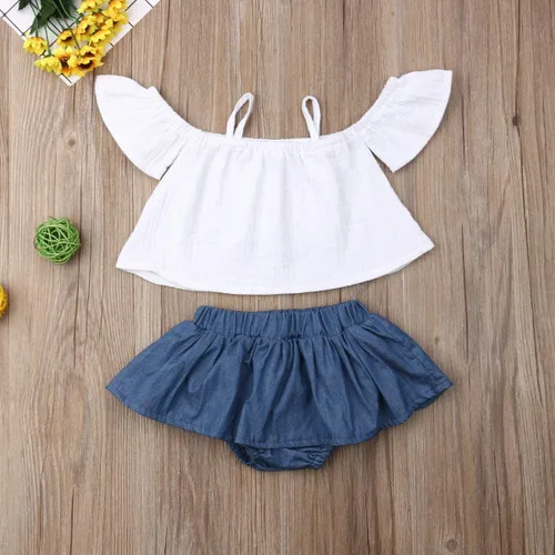 Vista 3 de Conjunto de ropa de verano para bebés y niñas con mangas de algodón y lino y falda vaquera, 2