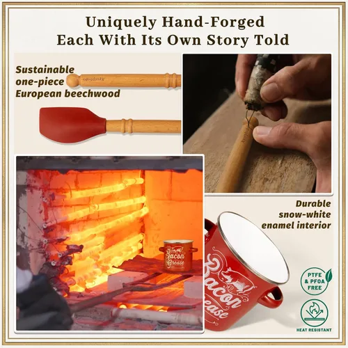 Vista 4 de Ayerphalo Recipiente para grasa de tocino con colador, gran capacidad de 46 onzas, con espátula de madera y silicona, recipiente esmaltado