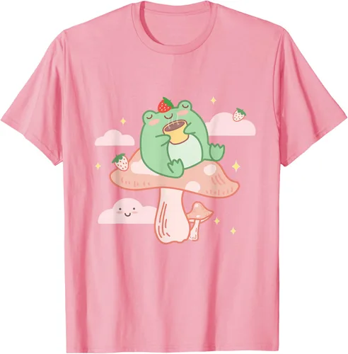 Vista 70 de Kawaii Strawberry Frog On Mushroom - Camiseta de manga corta de anime, Azul / Patchwork, S Azul Pastel