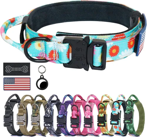 Vista 7 de Collar táctico para perro, collar con camuflaje digital para perros grandes, collar militar K9 ajustable y resistente con asa, con la bandera