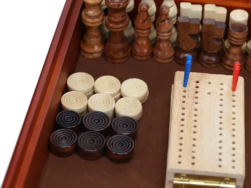 Vista 4 de Set de juego de madera 7 en 1, tablero de 12 pulgadas, incluye ajedrez, damas, backgammon, dominó, cuna, dados de póquer, tarjetas