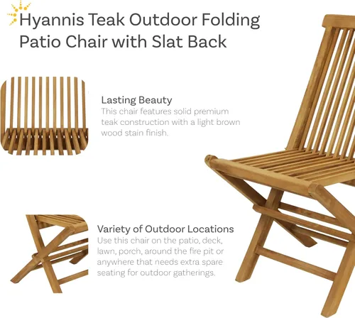 Vista 4 de Sunnydaze Hyannis Sillas de comedor plegables para exteriores de teca maciza, acabado de madera clara, 1 silla
