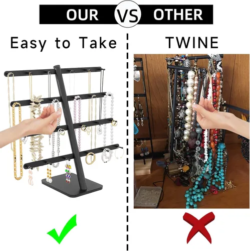 Vista 5 de Soporte organizador de joyas, organizador de 4 niveles, soporte para aretes con 24 ganchos, soporte de exhibición de aretes de collar de joyería