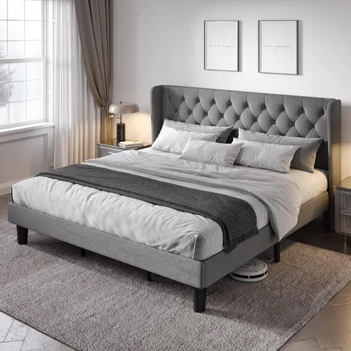 Vista 15 de Allewie Base de cama de tamaño matrimonial con cabecera copetuda con botones en la parte trasera, marco de cama tapizado moderno con soporte