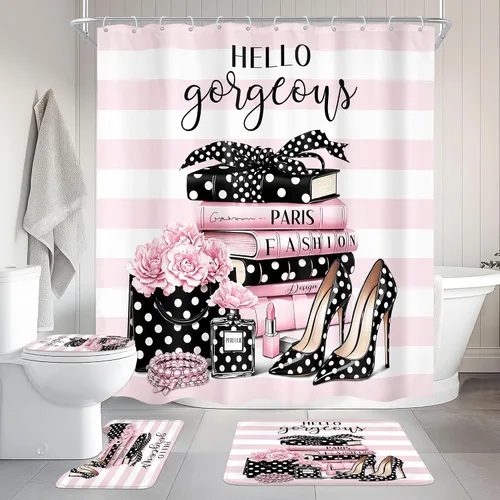 Vista 3 de Juego de cortina de ducha de baño de 4 piezas de perfume de libros de moda A1-rosa Negro Blanco