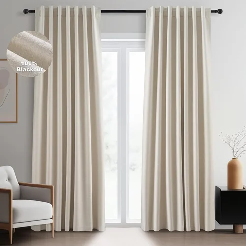 Vista 14 de Topfinel Cortinas opacas, blanco beige, 2 paneles, ventanas pequeñas, textura, mezcla de lino, bohemia, abedul, rural, gancho, bolsillo trasero