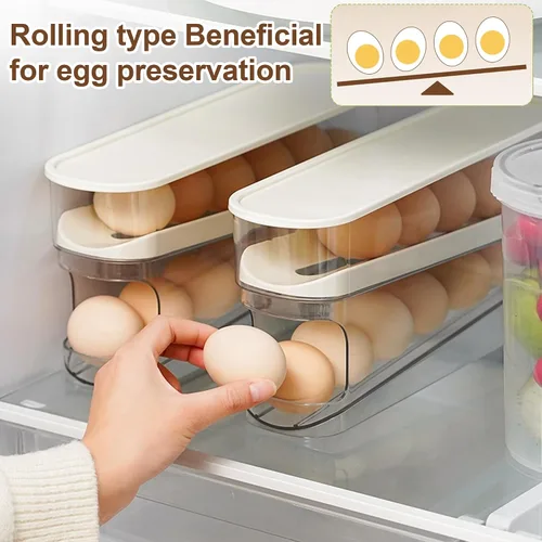 Vista 3 de Soporte para huevos para nevera, organizador de huevos para refrigerador de desplazamiento automático para huevos, dispensador rodante, contenedor