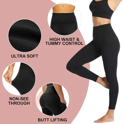 Vista 2 de NexiEpoch - Paquete de 4 leggings suaves para mujer, con bolsillos, control de abdomen y cintura alta, pantalones capri para yoga y ejercicio