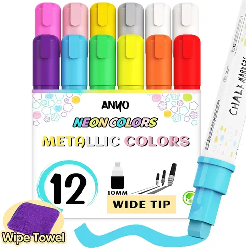 Vista 7 de Anyo Paquete de 12 marcadores de tiza para pizarra, pintura de ventana con punta de punta gruesa 2 en 1 de 0.236 pulgadas, marcadores de ventana