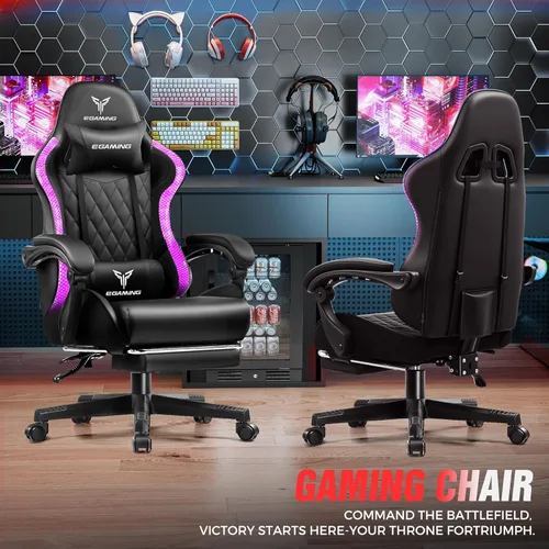 Vista 3 de EXRACING Silla de juegos con reposapiés ergonómica de cuero sintético con respaldo alto y luces LED RGB, reposabrazos de enlace y reposacabezas