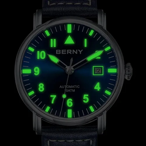 Vista 6 de BERNY Reloj mecánico automático para hombre, correa de cuero de cuerda automática, reloj de pulsera clásico Pilot impermeable, 10ATM, cristal