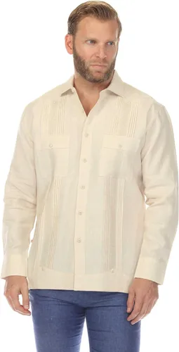 Vista 10 de Mojito Collection Guayabera de lujo de dos bolsillos de lino 100% para hombre con plisado incrustado