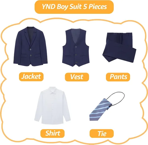Vista 7 de YND Conjunto de traje ajustado de 5 piezas para niños, ropa formal sólida de chaqueta, chaleco, pantalones, camisa y corbata