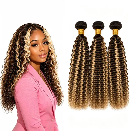 Vista 176 de P4613 Cabello humano rizado onda profunda marrón y paquetes mixtos 8 10 12 P4613 Ombre Marrón-Rubio-DP