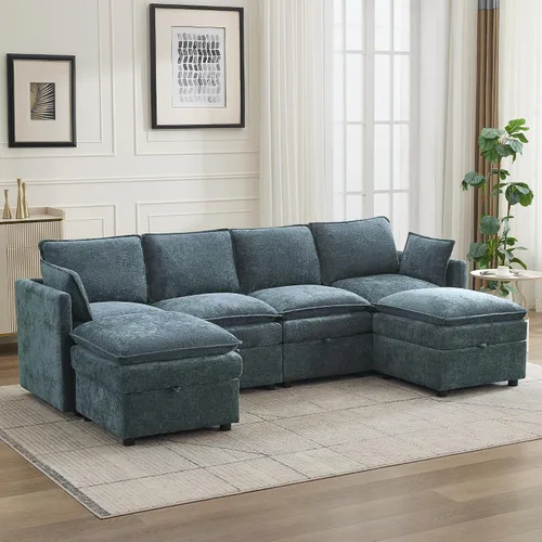 Vista 12 de Otomana cuadrada grande de 27 pulgadas con almacenamiento, reposapiés tapizado moderno con patas antideslizantes para sofá, mesa de café, sala