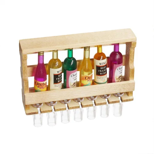 Vista 2 de Odoria Estante miniatura para botellas de vino 1/12 con vasos, accesorios de decoración de casa de muñecas