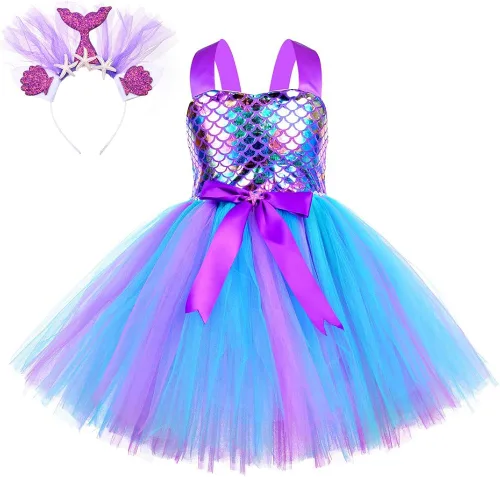 Vista 2 de Viyorshop Girls Mermaid Costume LED Light Up Mermaid Tutu Dress Up Gifts Princess Dress for Halloween Birthday Gift 3-8Years
