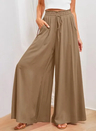 Vista 2 de Dokotoo Pantalones para mujer con cintura elástica y pierna ancha con bolsillos