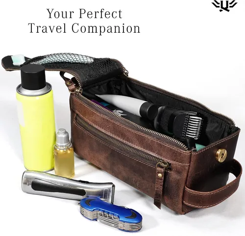 Vista 4 de Neceser de cuero hecho a mano de primera calidad para hombres y mujeres, kit de cuero genuino Dopp y bolsa de afeitar para hombres, bolsa