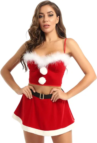 Vista 2 de Disfraz de Navidad de franela sin mangas para mujer, con minifalda plisada, lencería de Santa