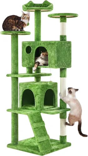 Vista 29 de Yaheetech - Torre de árbol para gatos de 62 pulgadas, torre para gatitos de interior, muebles para mascotas con doble refugio, postes para rascar