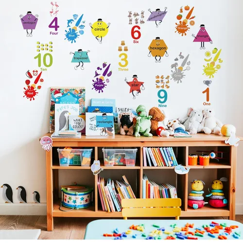 Vista 4 de Tatuo 30 calcomanías de pared con números, calcomanías de pared de geometría de aprendizaje educativo, calcomanías de pared con formas coloridas